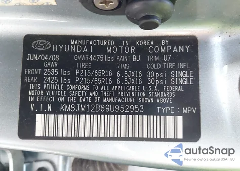 2009 Hyundai Tucson Gls from USA, damaged, VIN KM8JM12B69U952953